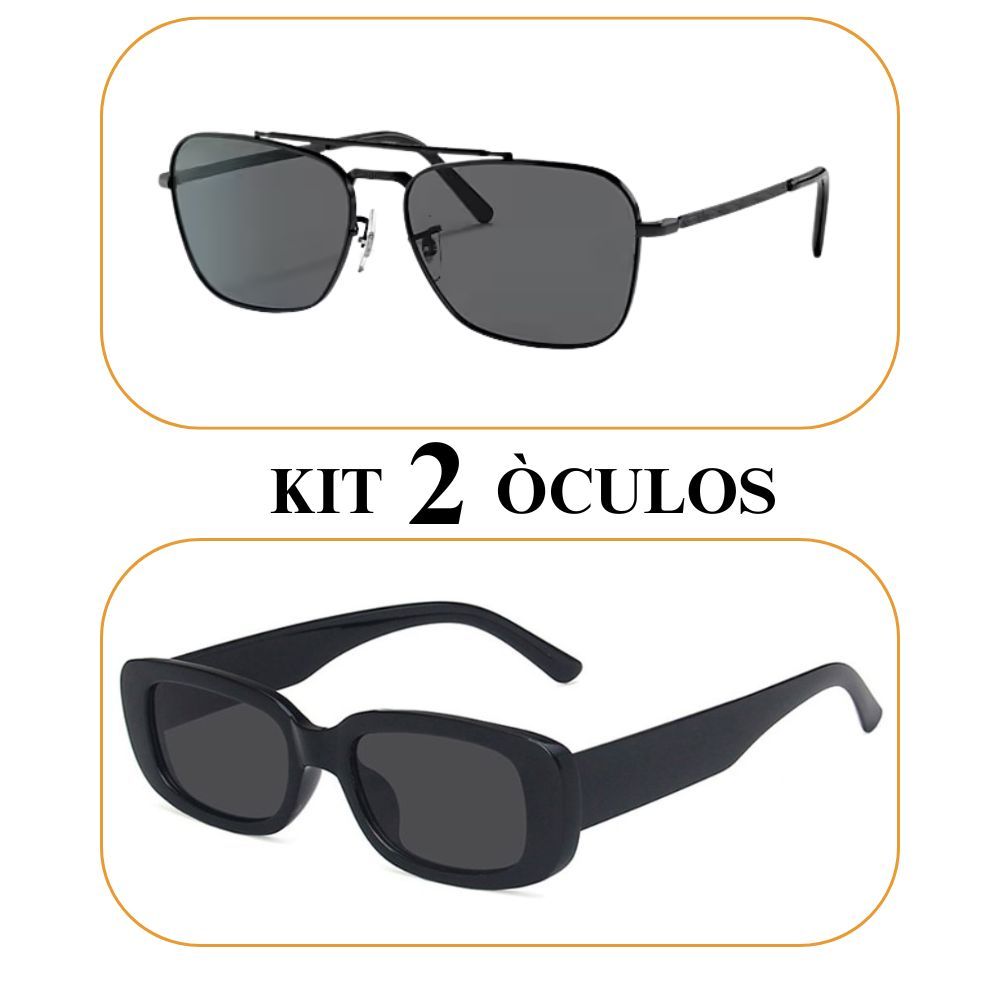Kit 2 Óculos de Sol Feminino Masculino Hexagonal + Retro Preto Tons Ovais Vintage Escuro