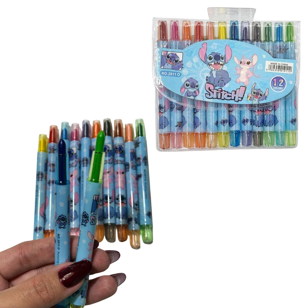 GIZ DE CERA RETRÁTIL STITCH / 12 CORES / PAPELARIA FOFA KAWAII / MATERIAL ESCOLAR