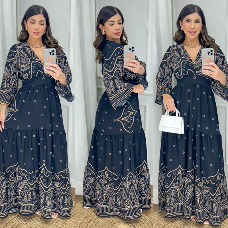 Vestido tendência longo feminino tecido Duna de manga evangélica festa natal ano novo madrinha de casamento