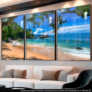 Quadro Decorativos Trio Paisagem Praia Mar Areia Árvore para Sala Hall Consultório em Oferta na Shopee