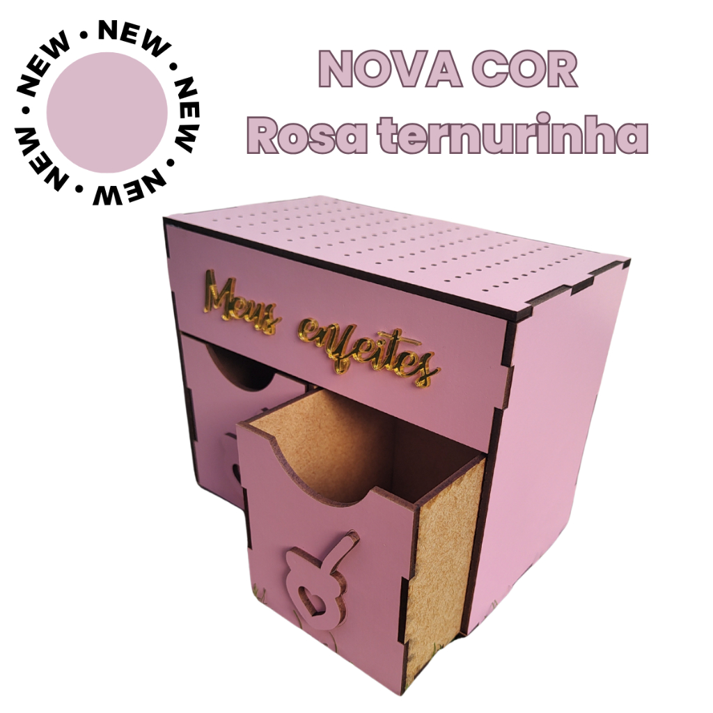 Caixa Organizadora Enfeites De Chimarrão Em Mdf 2 Gavetas escrito em ouro Meus enfeites, COR ROSA TERNURINHA- NOVA COR