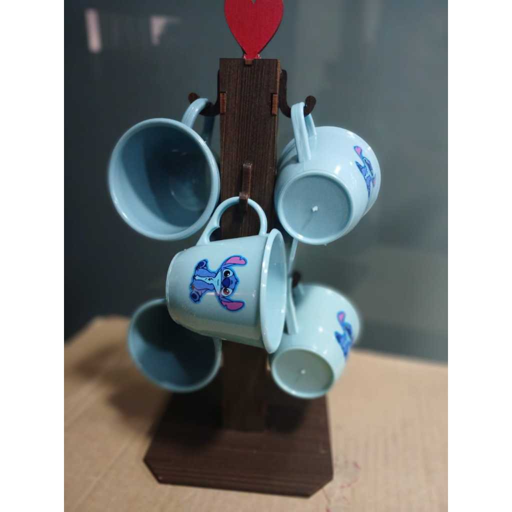 jogo de 6 xicaras acrilica stich ou angel rosa e azul com pedestal mdf