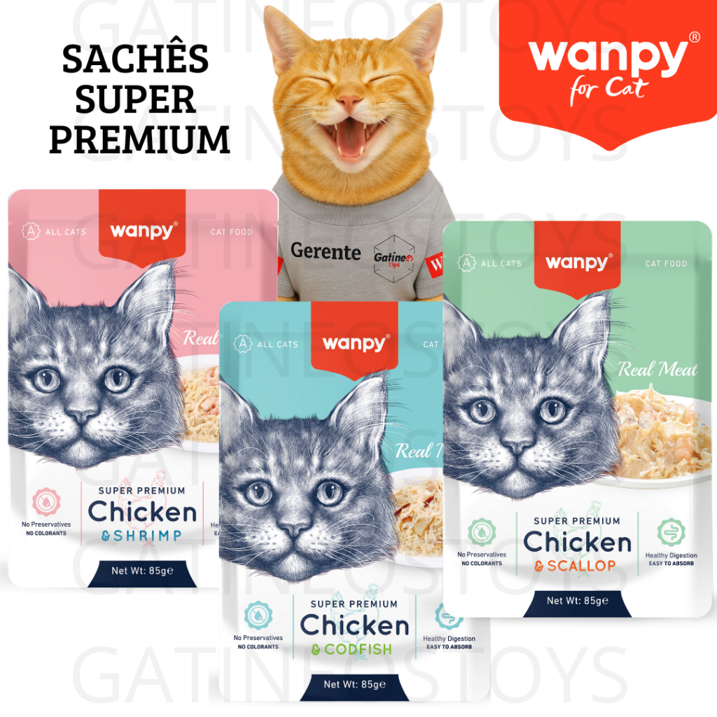 Wanpy Sachê Super Premium 85g – Petisco Úmido Natural para Gatos Alta Palatabilidade - Frango, Vieira, Camarão, Bacalhau