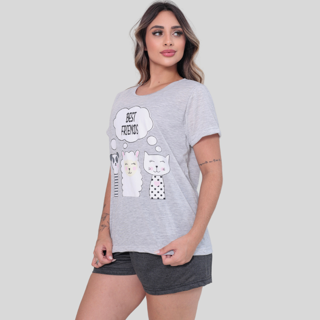 Pijama Baby Doll Feminino Conjunto Camiseta Shorts Dormir Pijaminha Confortável Básico — imagem 2 de 2