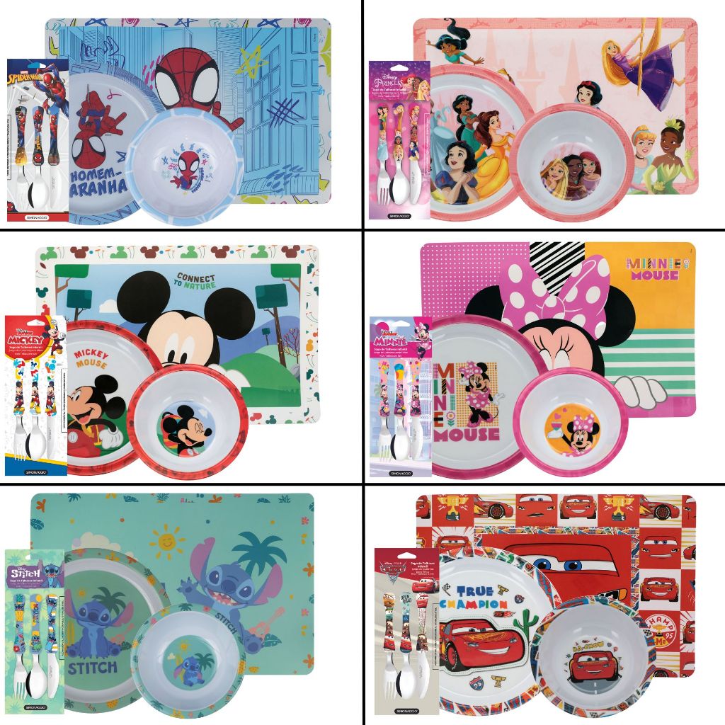 Kit Talher + Prato + Bowl + Jogo Americano Infantil Disney Plástico BPA Free Criança Refeição
