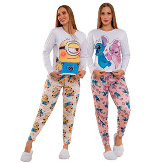 Pijama Feminino Longo Roupa de dormir de frio calça e blusa de Personagens