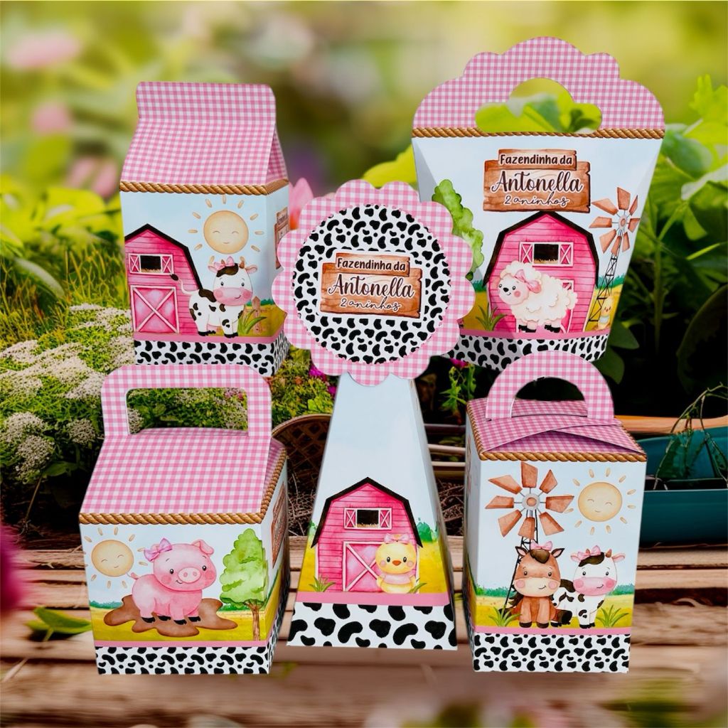 Caixas Personalizadas Fazendinha menina, lembrancinha fazendinha rosa, caixinha fazendinha rosa (PEGUE E MONTE)