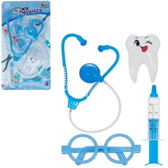 Kit Dentista Infantil Azul com 4 peças - Brinquedo Educativo Odontologia