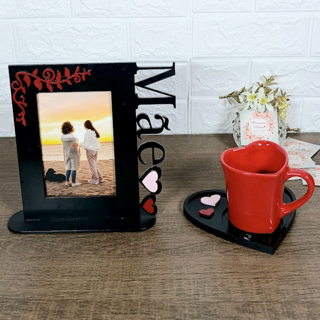 Conjunto lindo presente dia maes caneca coração porta retrato suporte