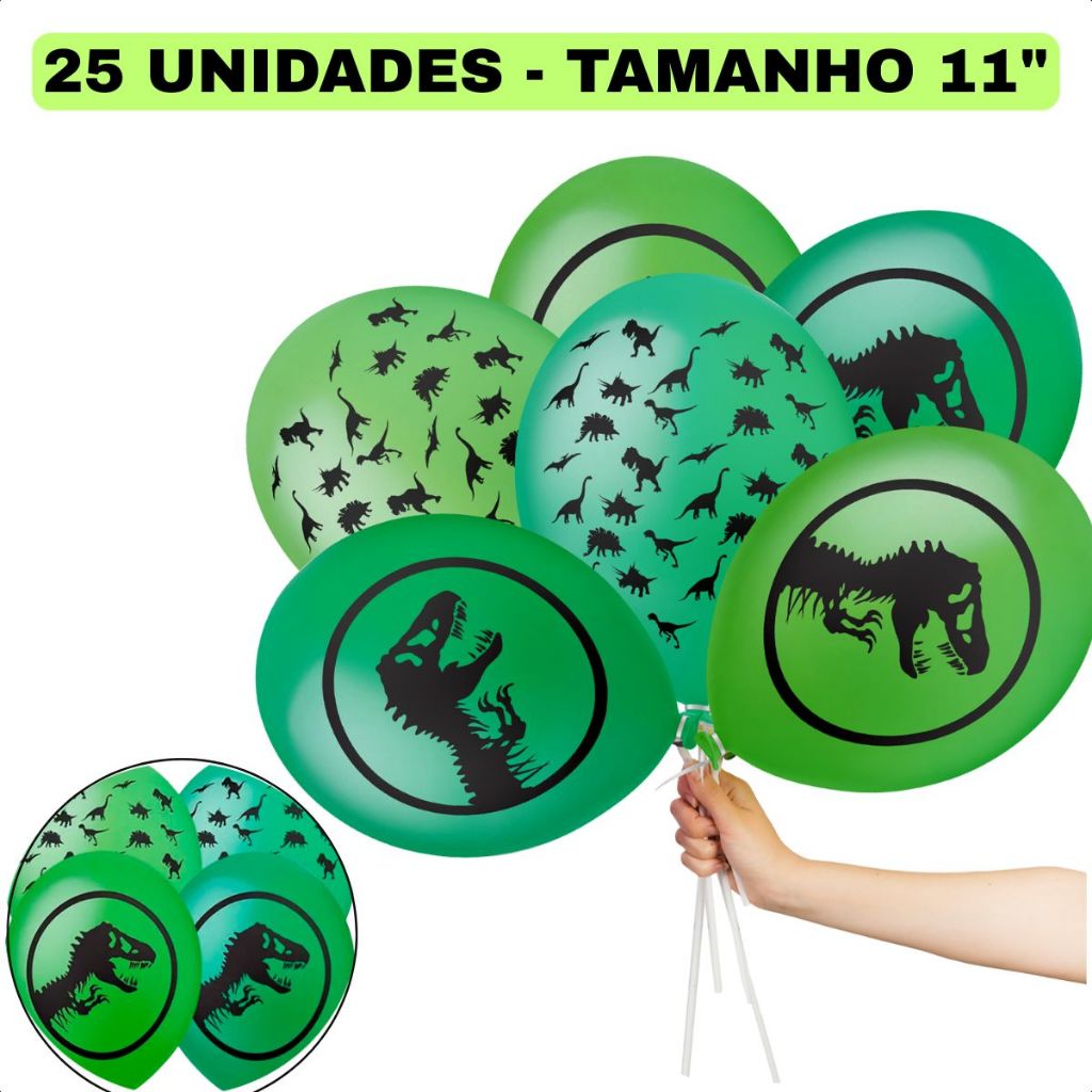 Balão Bexiga Tema Dinossauro T-Rex Jurassic Park Decoração Festa Aniversário N°11 Kit C/25 Unidades