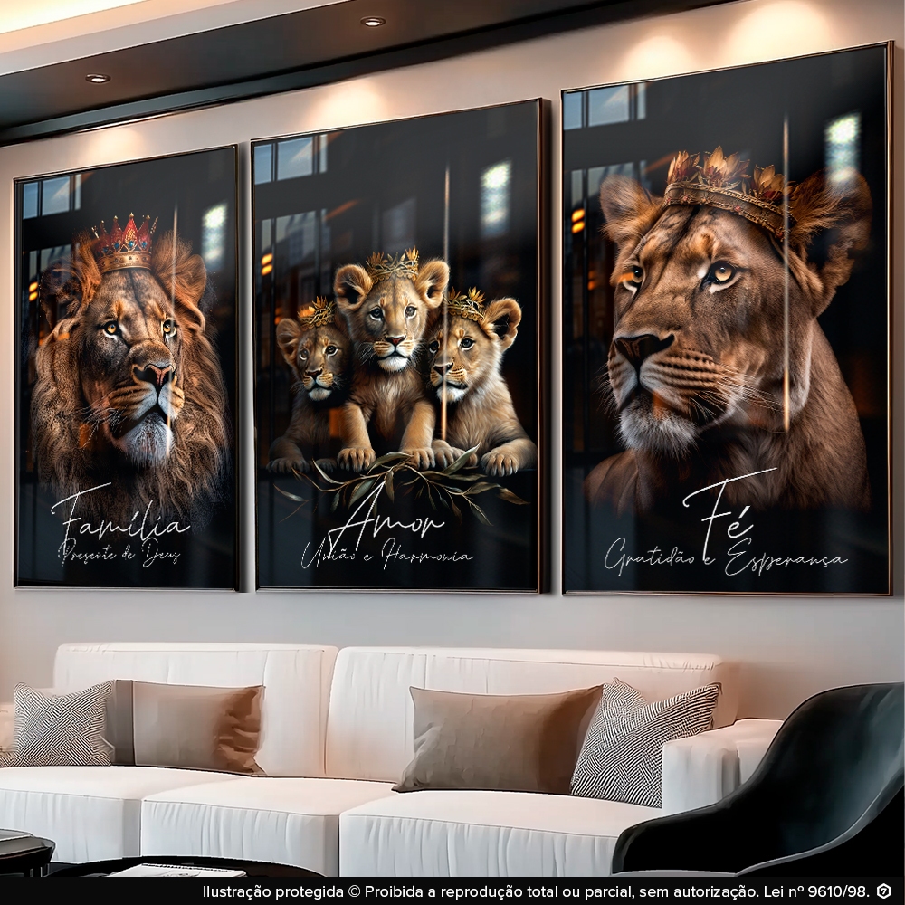 Quadro Decorativos Trio Leão leoa 3 Filhotes Frase Motivacional Fé Família para Sala Quarto