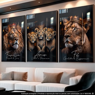 Quadro Decorativo Trio Família Leão Rei Rainha Filhotes Príncipes Amor Fé para Sala Quarto Hall em Oferta na Shopee