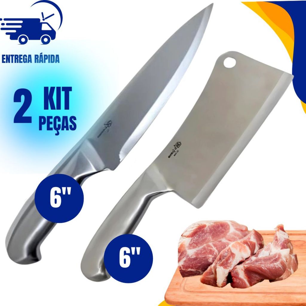 1 Faca Cutelo 6'' e 1 Faca peixeira 6" Inox Maciço Profissional Lâmina Corte de Precisão Churrasco