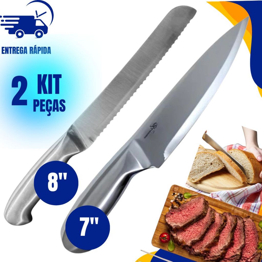 1 Faca de Pão 8'' e 1 Faca peixeira 7" Inox Maciço Profissional Lâmina Corte de Precisão Churrasco