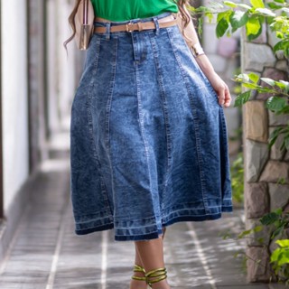 Saia Jeans Rodada Marmorizada com Cinto de Couro Moda Evangélica Estilo e Conforto Ref. 1218 em Oferta na Shopee