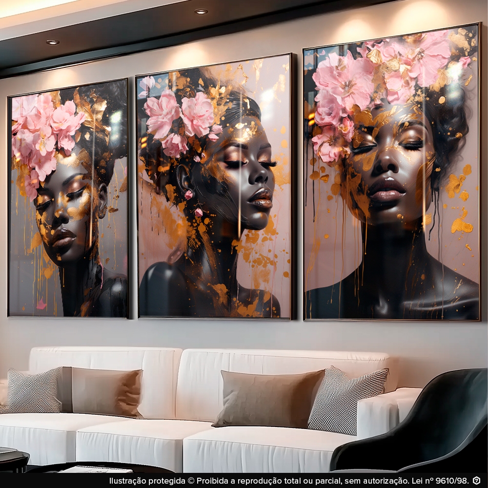 Quadro Decorativo 3 Peças Feminino Mulheres Negra Rose Dourado Luxo para Salão de Beleza Estética Quarto em Oferta na Shopee