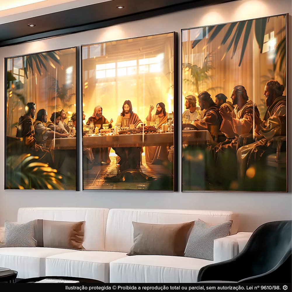 Quadro Decorativo Trio Católico Santa Ceia Jesus Releitura Fé 12 Discípulos para Sala Hall