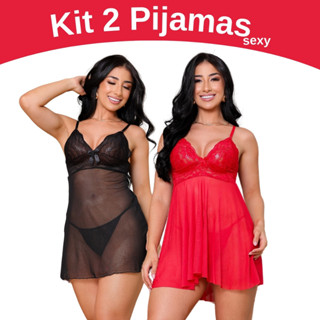 2 Pijamas Sexy Baby Doll com Lingerie Transparente Microfibra Detalhe de Renda Luxo Sem Bo...