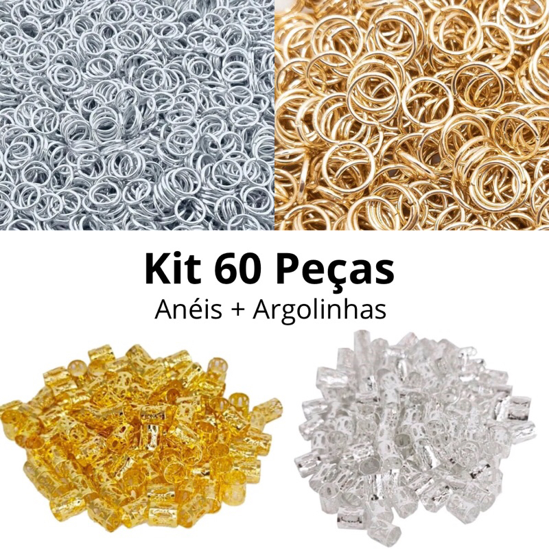 Kit 60 Peças Anéis Para Tranças + Argolinhas Para Tranças Prata Dourada