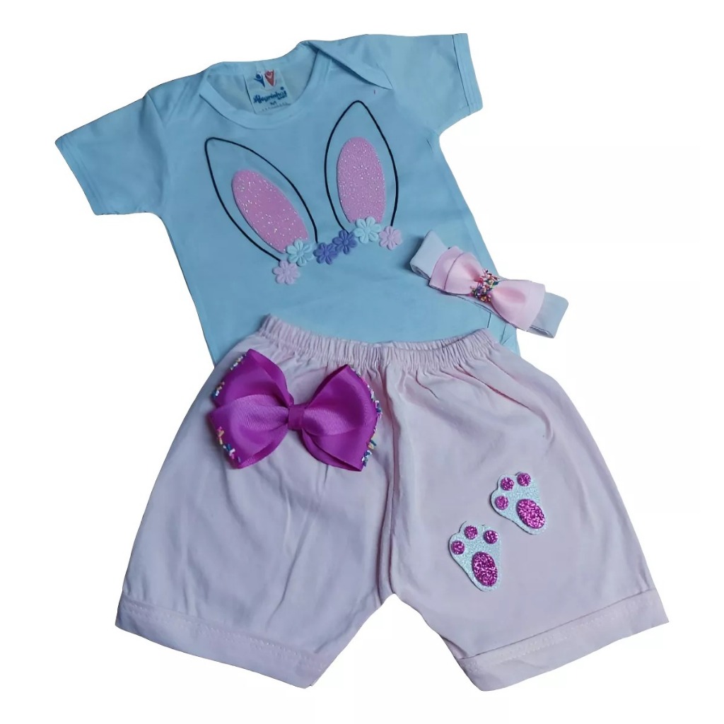 Conjunto Infantil Coelhinha Páscoa Bebê Menina Body Temático Coelhinho, Short e Laço Roupa Mesversário Ensaio Fotos