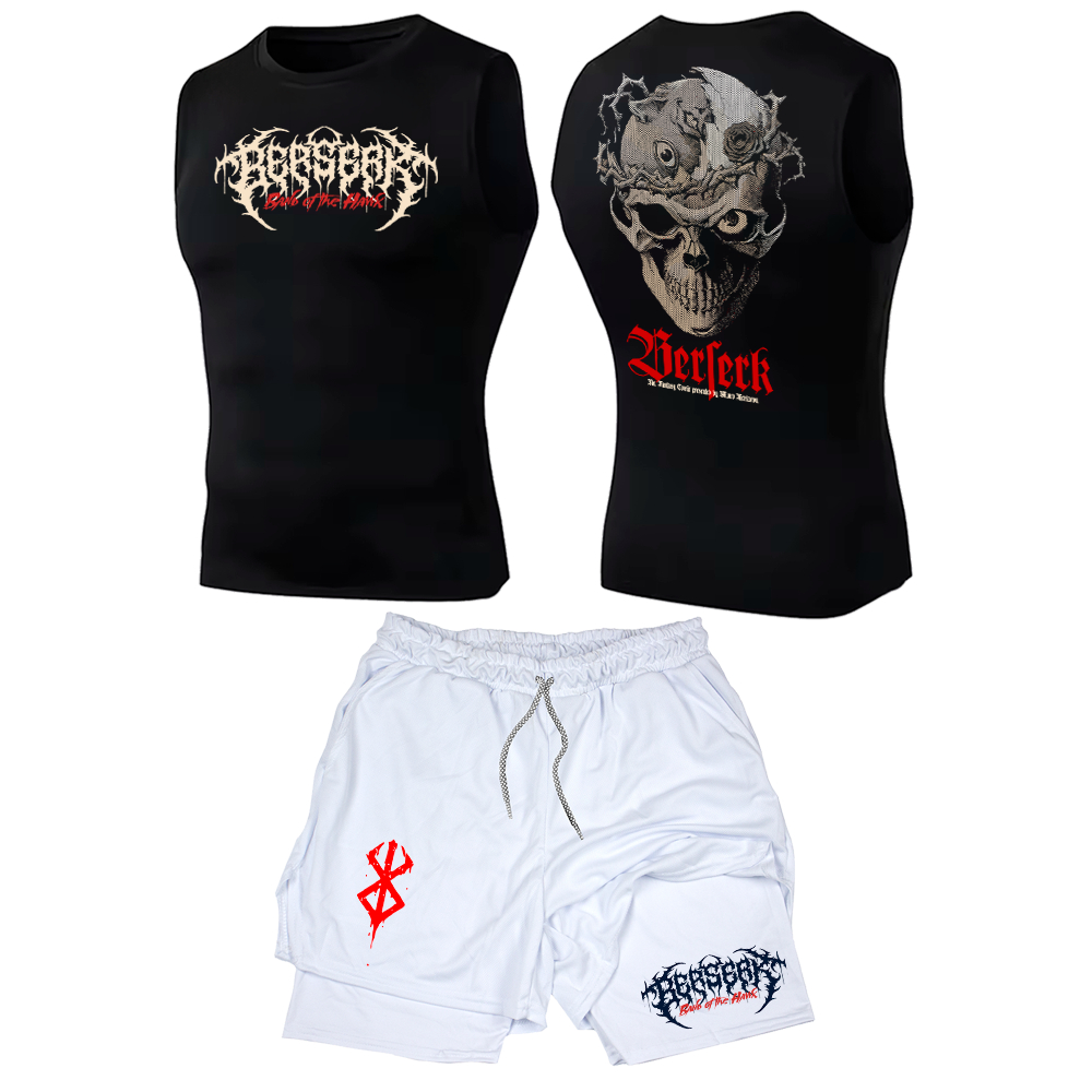 Kit Academia Regata Compressão E Short 2 em 1 Compressão Caveira Dark Bersek Gotico Mode Treino Academia