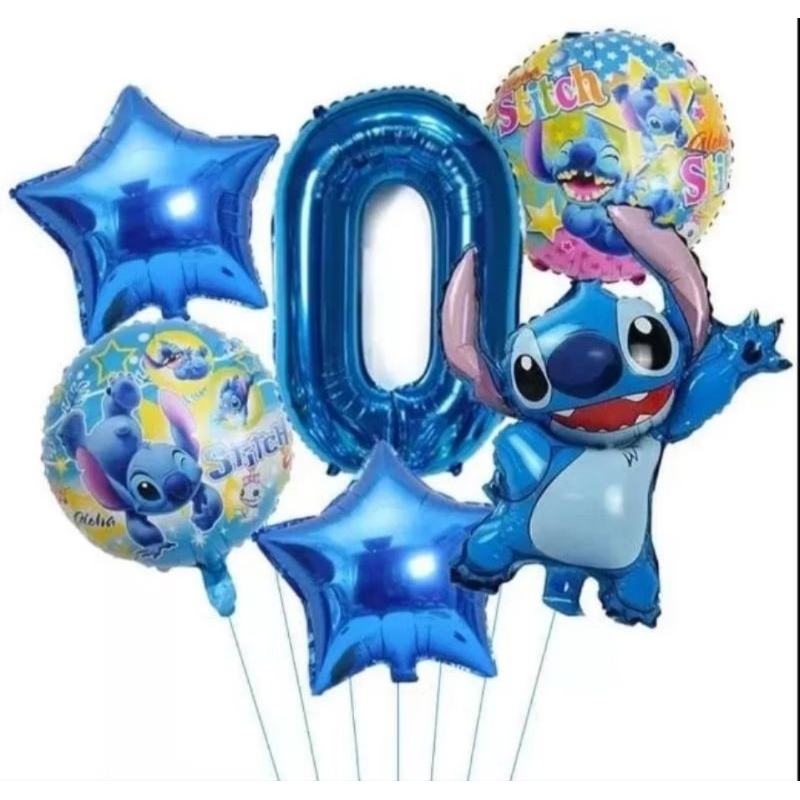 kit c/6 balões metalizado lilo stitch corpo 35cm/ estrela/ redondo 45 cm/ número mede 40 cm