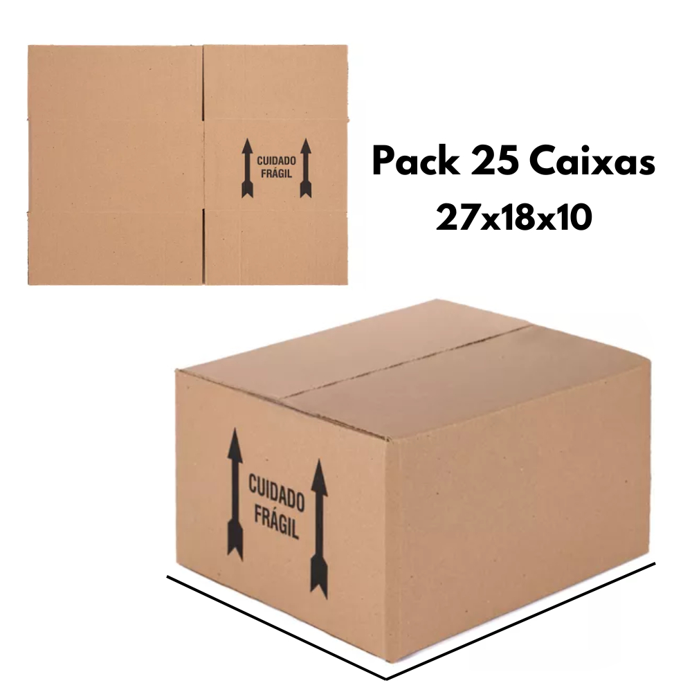 Kit 25 Caixas De Papelão 27x18x10 Cm Cuidado Frágil Premium Correios Sedex Pac Ecommerce