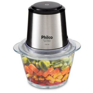 Processador de Alimentos Philco Inox Glass 350W - Copo de Vidro 1,2L