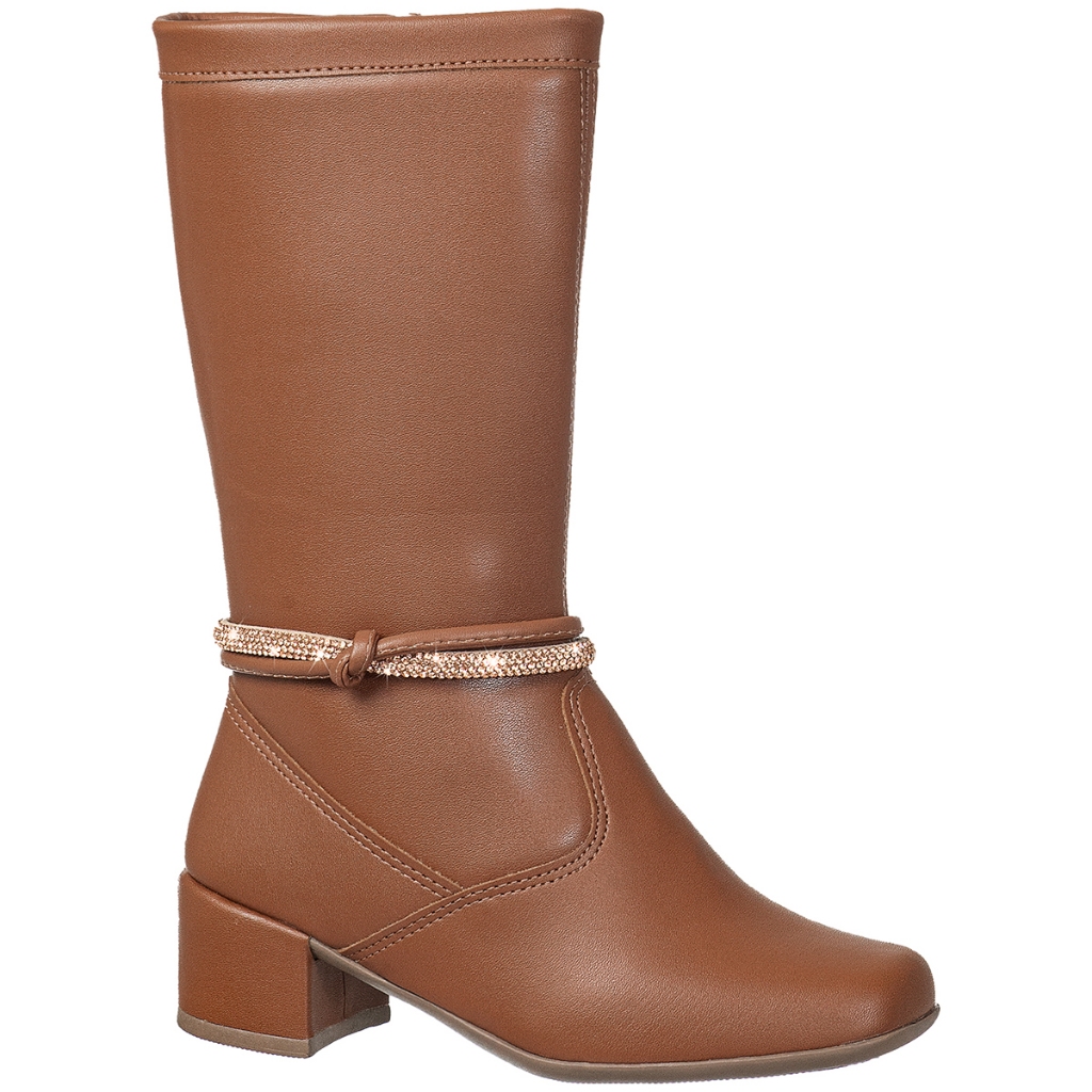 Bota Feminina Infantil GiGiL Teen Menina Saltinho Baixo Cano Longo Bico Quadrado Tira Strass Brilho Casual Confortável - Baby & Kids Fashion