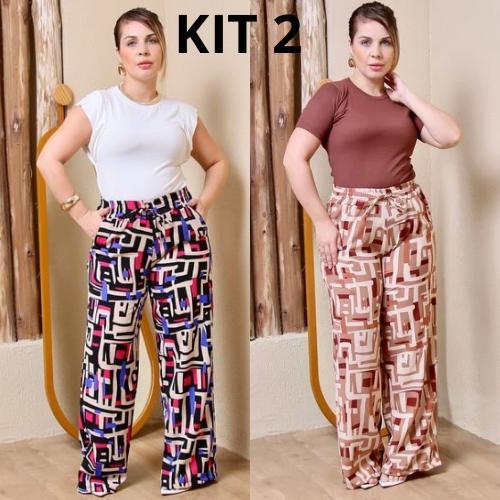 Kit 2 Calça Pantalona Feminina Cintura Alta com Elástico na Cintura com Bolso na Frente  Tecido Duna Estampado 2025