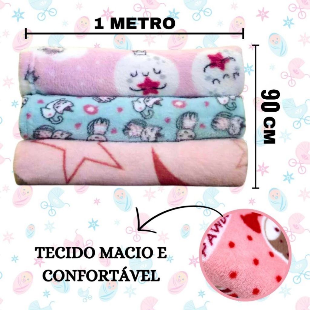 Kit Com 3 2 Manta De bebê Cobertor Do Bebe Mantinha Microfibra Estampada Para Kit Maternidade 1 MT x 90 Cm
