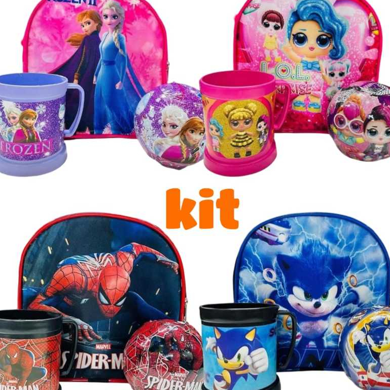 kit lembrancinha brinquedo criança 3 peças bolsinha + caneca + bolinha surpresa