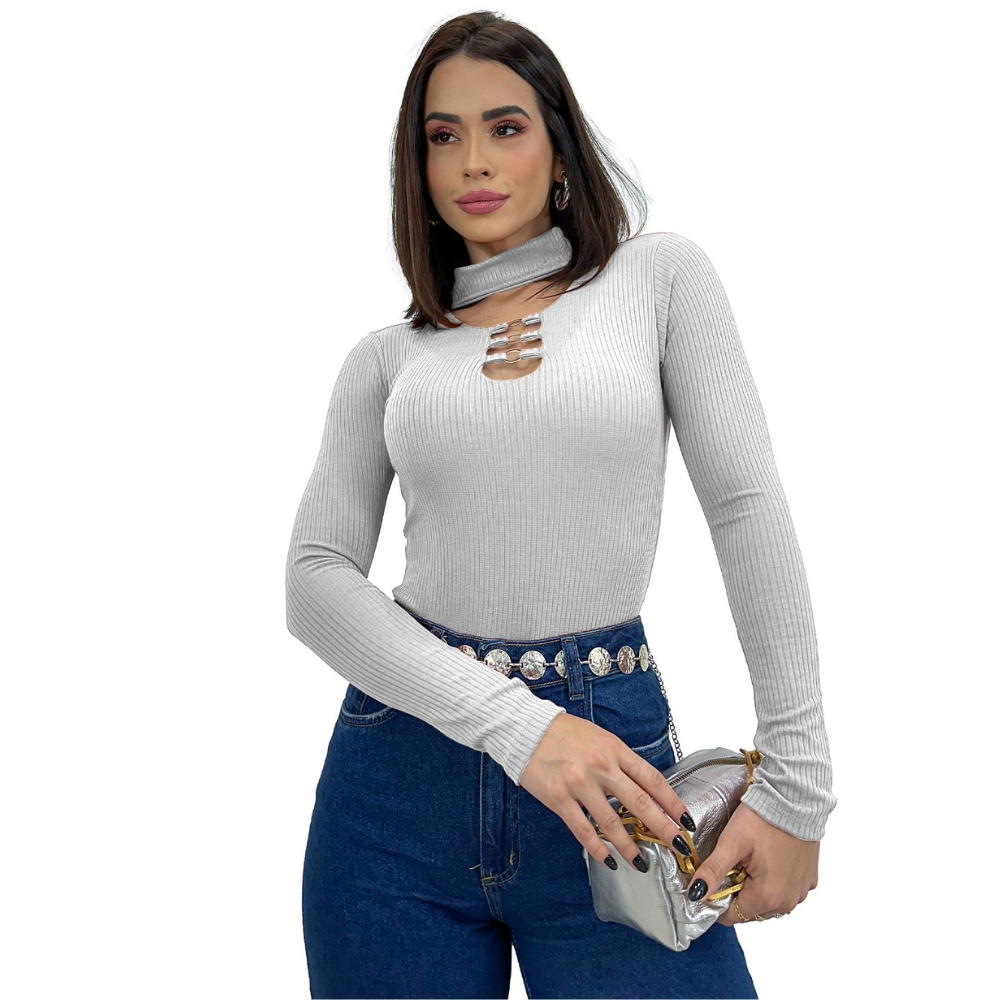 Body Blusinha Feminina Canelado Manga Longa Gola Choker Luxo Especial Com Carinho Para Mãe Moderna