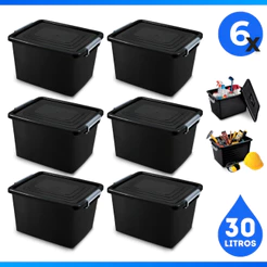 Kit 6 Caixa/Cesto Organizador Preto 30 Litros C/ Trava Multiuso Organização - Arqplast
