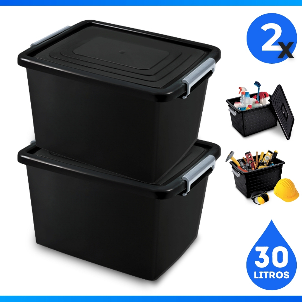 Kit 2 Caixa Organizadora Com Trava e Tampa Preta 30 Litros- Arqplast