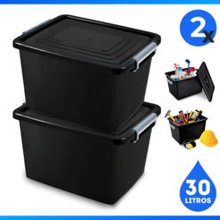 Kit 2 Caixa Organizadora Com Trava e Tampa Preta 30 Litros- Arqplast