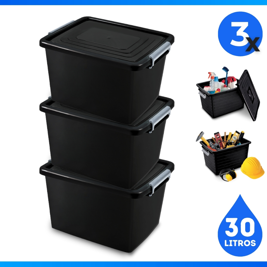 Kit 3 Caixa Organizadora Preta Trava Prata 30 Litros - Arqplast