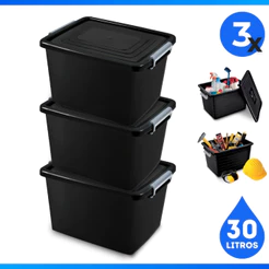 Kit 3 Caixa Organizadora Preta Trava Prata 30 Litros - Arqplast
