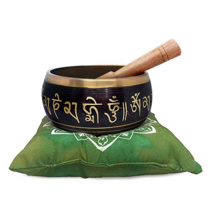 Imagem Tigela Tibetana Orin 7 Metais Sagrados Preta 11cm com Almofada para Meditação, Reiki, Som Harmônico e Equilíbrio