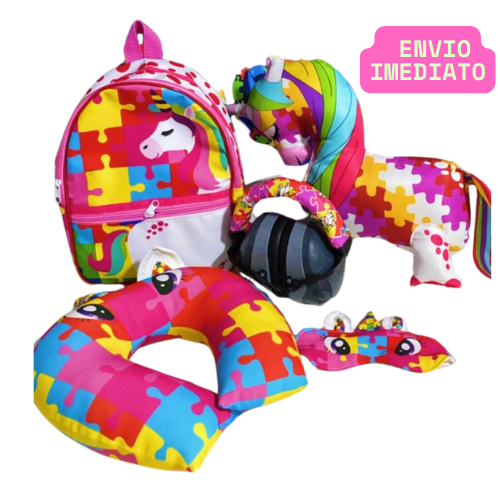 KIT Abafador ruídos + Unicórnio + Pescoceira+ Mochila + Tapa olho autista autismo unicórnio protetor auticular