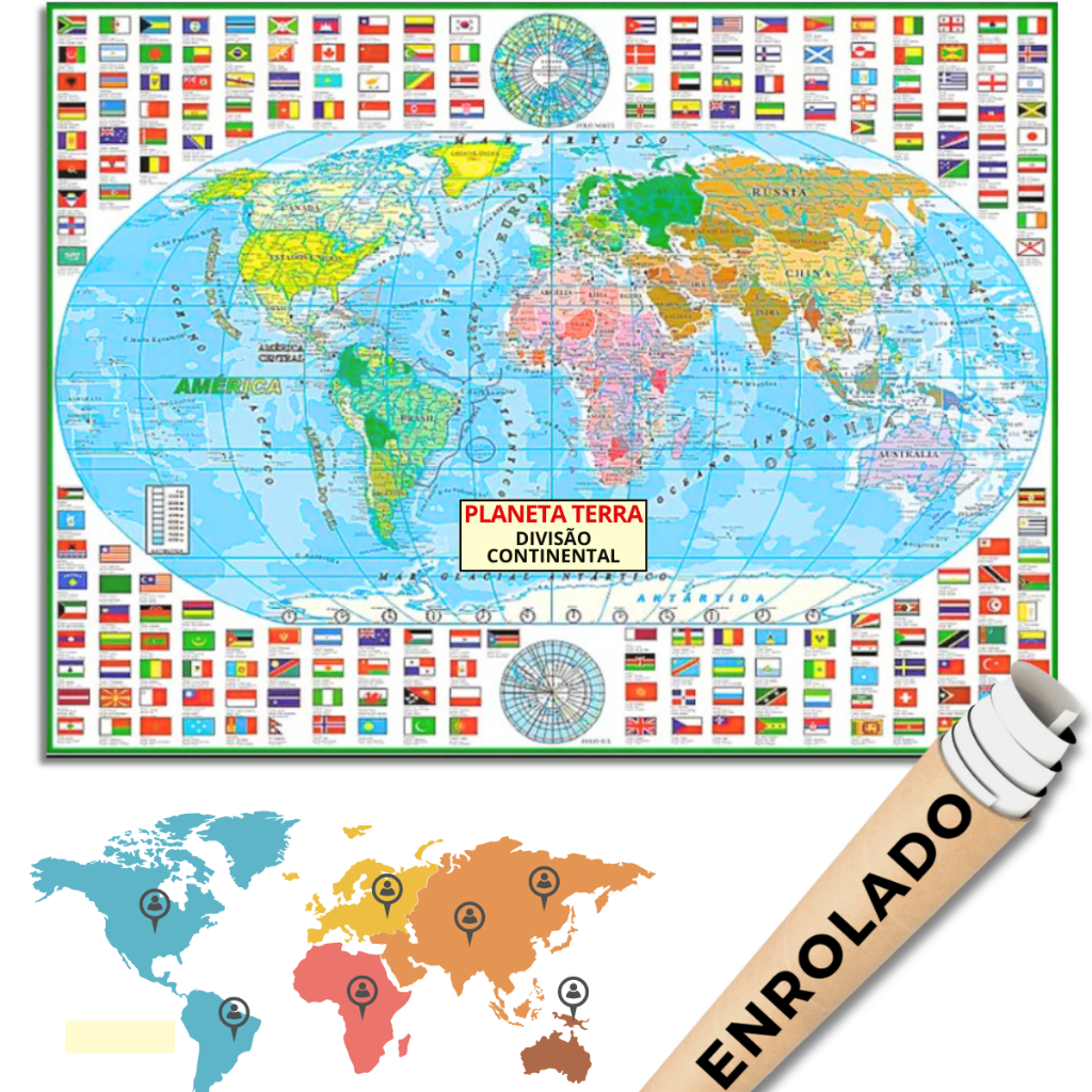 Mapa Mundi Divisão Continental Continentes Escolar Poster Politico Geográfico Enrolado