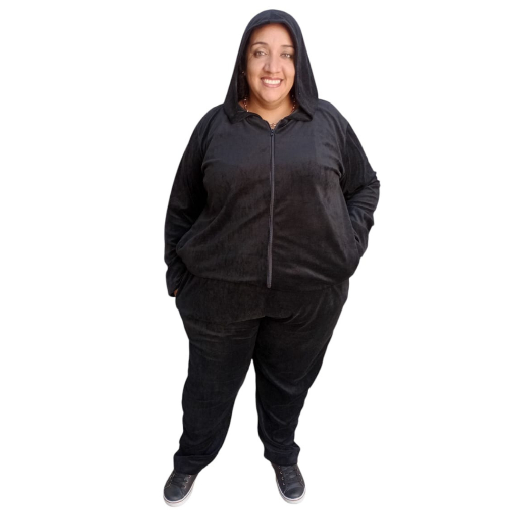 Conjunto Plus Size 40 ao 64 em Tecido Plush com Bolsos Laterais e Capuz Conjunto de Inverno Feminino