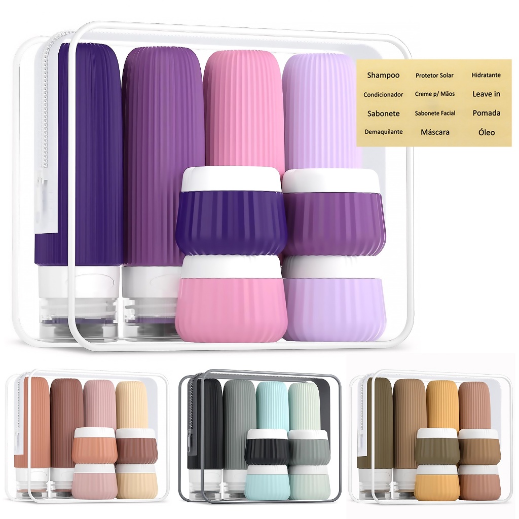 Kit Frascos Potes Viagem Silicone 4x 90ml + 4x 30ml Condicionador Shampoo Creme Cosméticos 8 peças em Oferta na Shopee