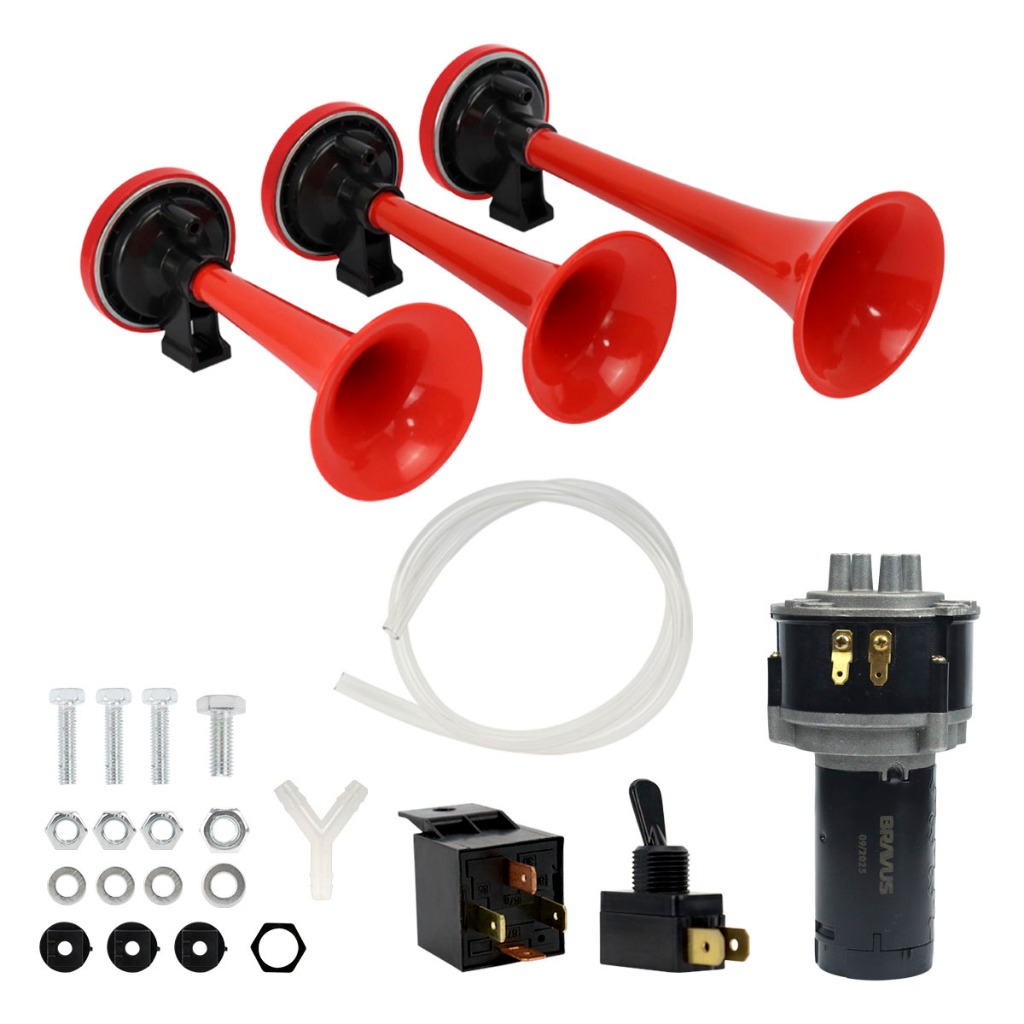 Buzina Ar Pneumática 3 Cornetas Ar Comprimido Verdureiro Com Rele e Compressor Vermelha Universal