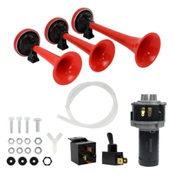 Buzina Ar Pneumática 3 Cornetas Ar Comprimido Verdureiro Com Rele e Compressor Vermelha Universal