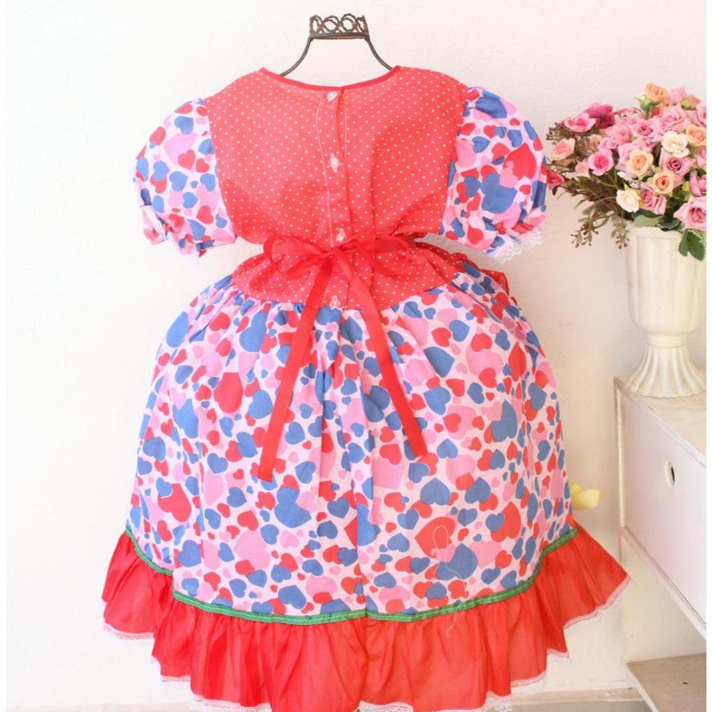 Vestido Infantil Quadrilha Quermesse São João Junina  Bonequinha com Tiara. Super Luxo