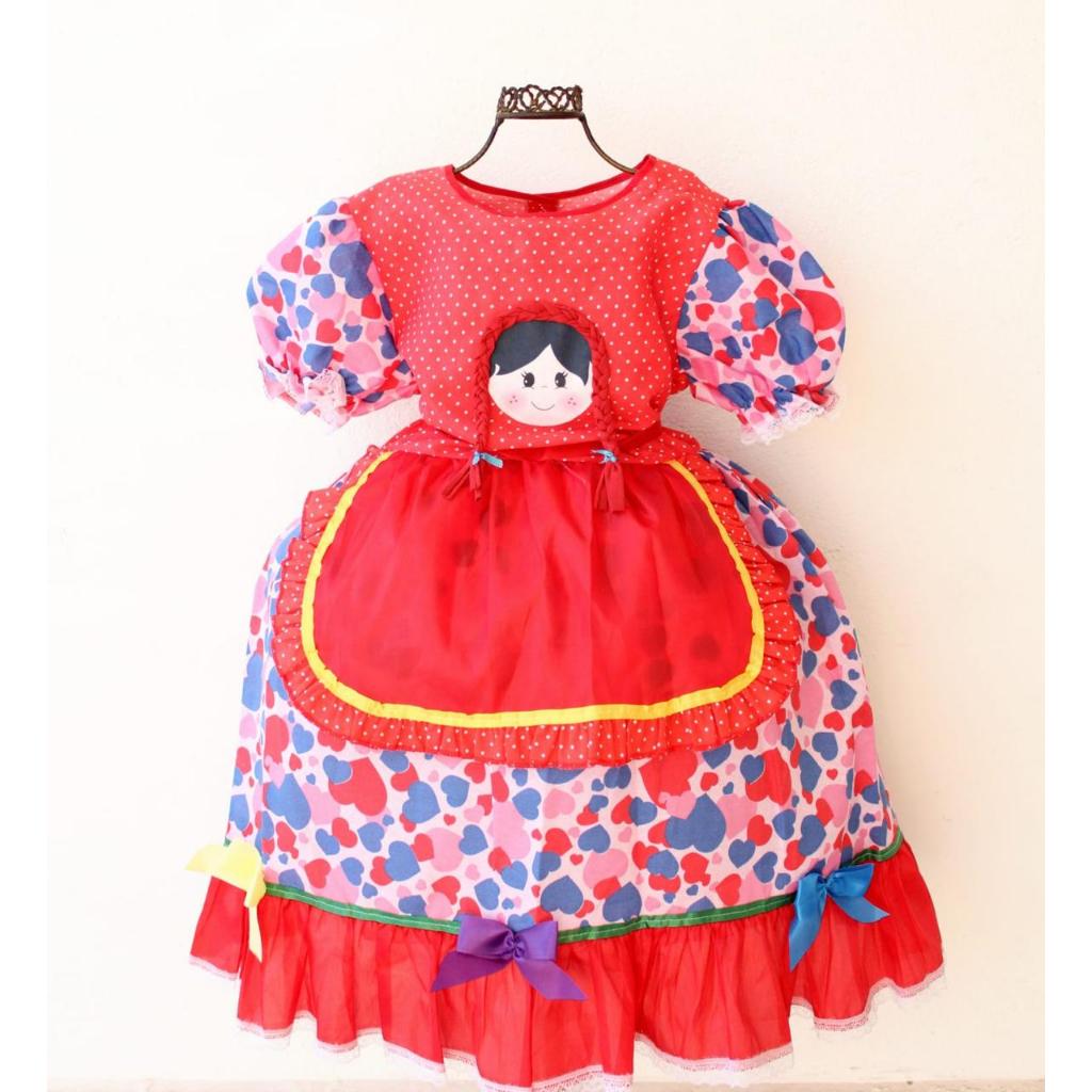 Vestido Infantil Quadrilha Quermesse São João Junina Julina Bonequinha Coração Vermelho.