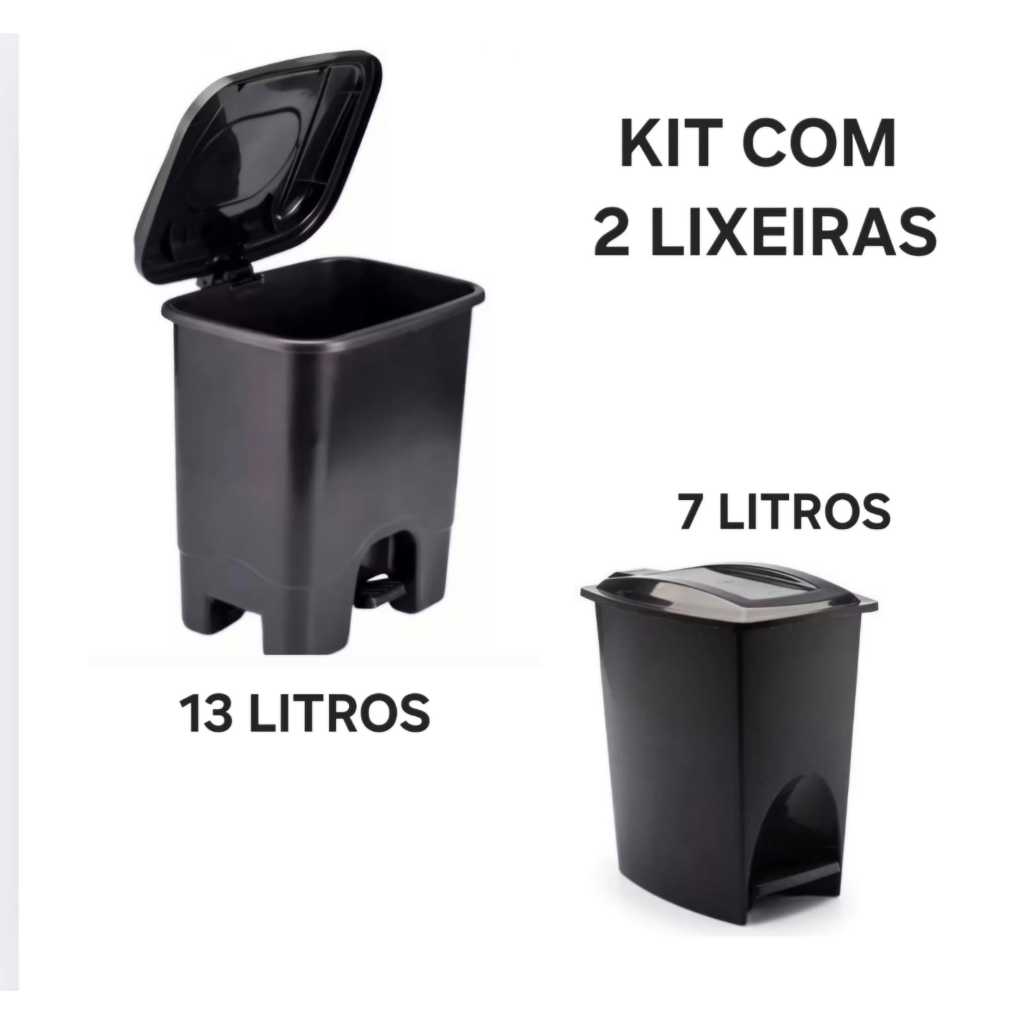 Kit Com 1 Lixeira Quadrada 7 Litros + 1  Lixeira 13 Litros Com Pedal Enibe Odores Resistente Praticidade Casa Cozinha
