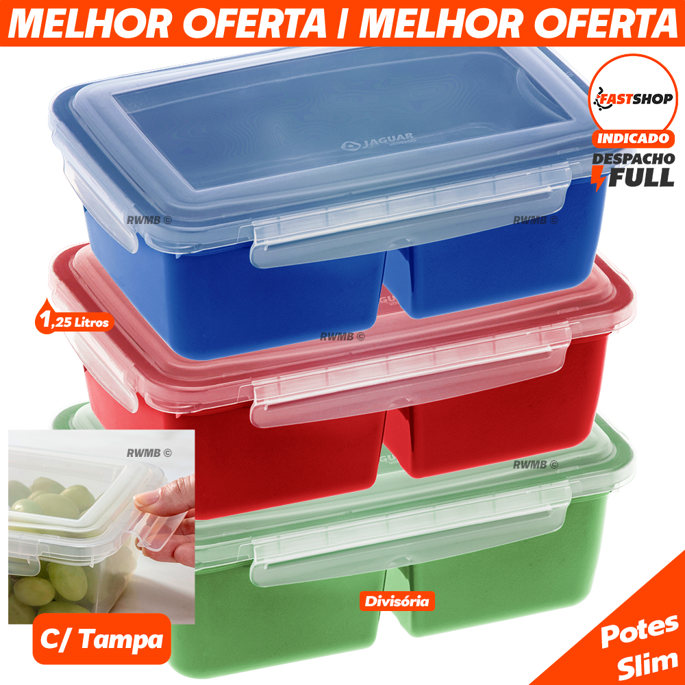 Kit 3 Potes Trava Slim Marmita C/ Tampa Hermética e Divisória 1,25L Organizador de Geladeira Vai ao Microondas e Freezer