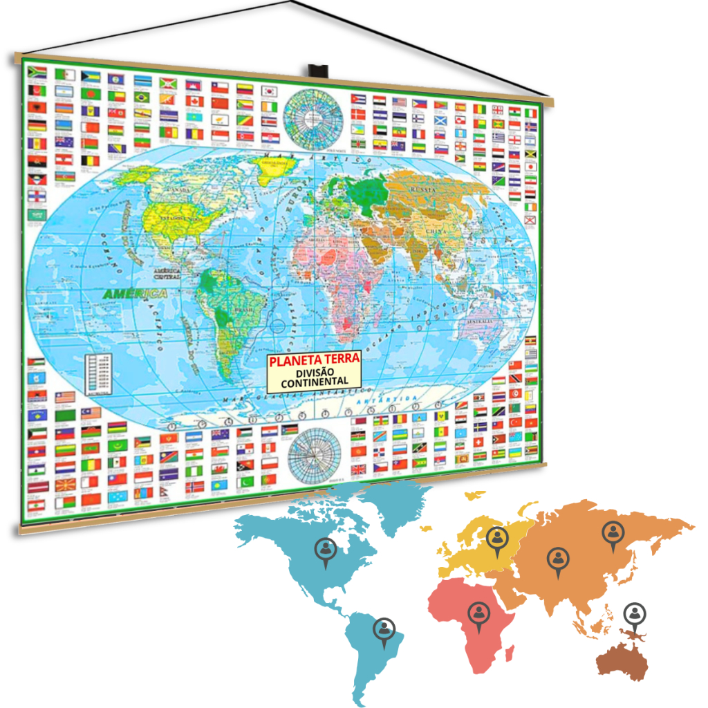 Mapa Mundi Divisão Continental Planisfério Mundo Geográfico Banner Poster Politico Escolar